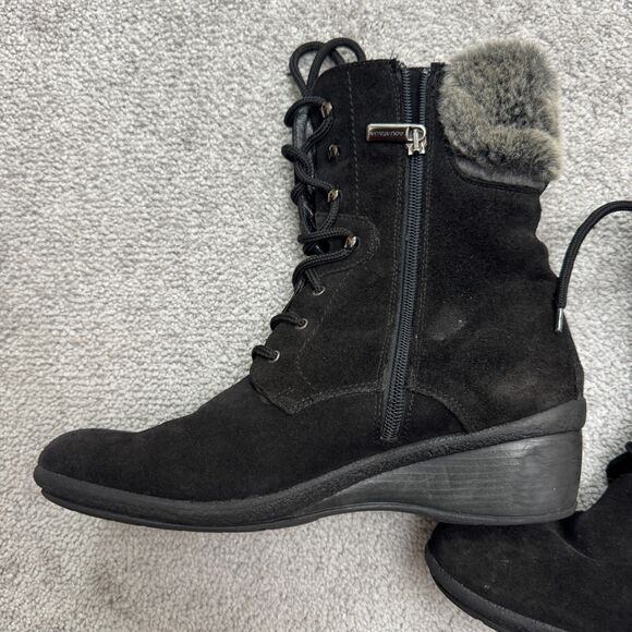 Aquatalia Suede Faux Fur Wedge Winte Boots Womens 8 Black Lace Up Side Zip Italy - Picture 3 of 16